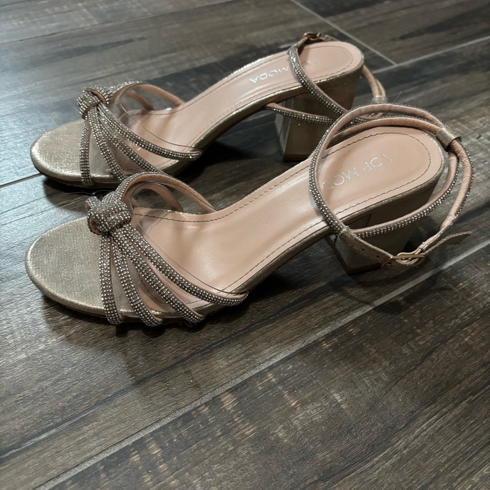 Glitter Gold Block Ankle Strap Heels